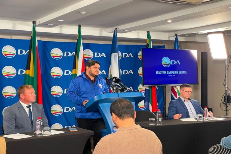 Democratic Alliance (DA) Election Campaign National Manager Ashur Sarupen addresses a press briefing on July 22, 2026.