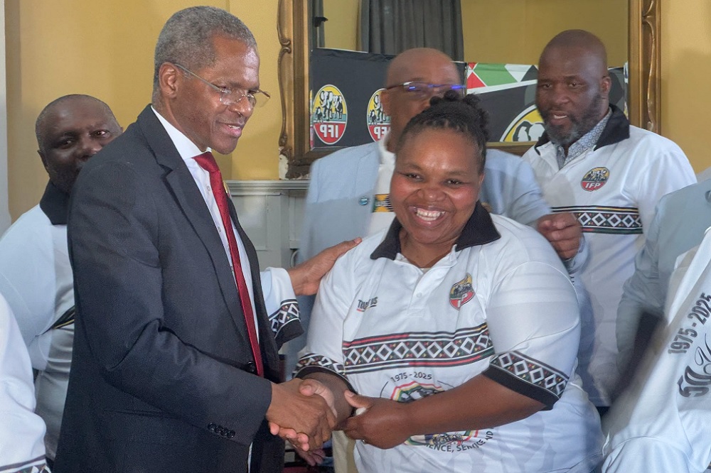 IFP President Velenkosini Hlabisa welcomes new IFP members in Durban.