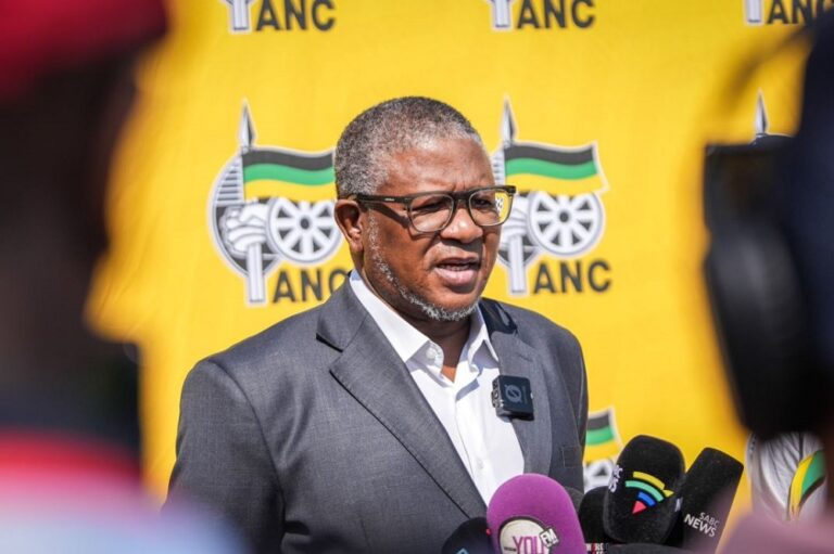 The African National Congress (ANC) Secretary-General Fikile Mbalula briefs the media on the side-lines of the special sitting of the ANC NEC in Boksburg, East Rand on August 7, 2026.